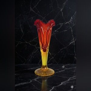 Vintage 10” Viking Glass Amberina Trumpet Vase Yesteryear Pattern
